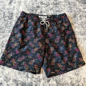 Maamgic Pineapple Swim Trunks Mens S Black Neon Rainbow Print Mesh‎ Lined Snags